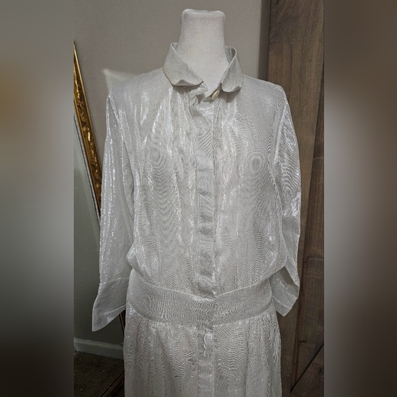 GRETCHEN SCOTT Breezy Blouson Dress- Glinda lurex -silver/white. Size Medium - Picture 10 of 16
